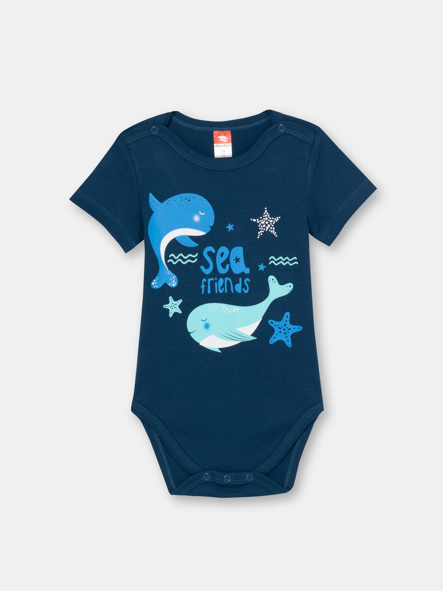 CWNB 40026-41-289 - Cherubino newborn baby boys dark blue bodysuit with sea friends print - front