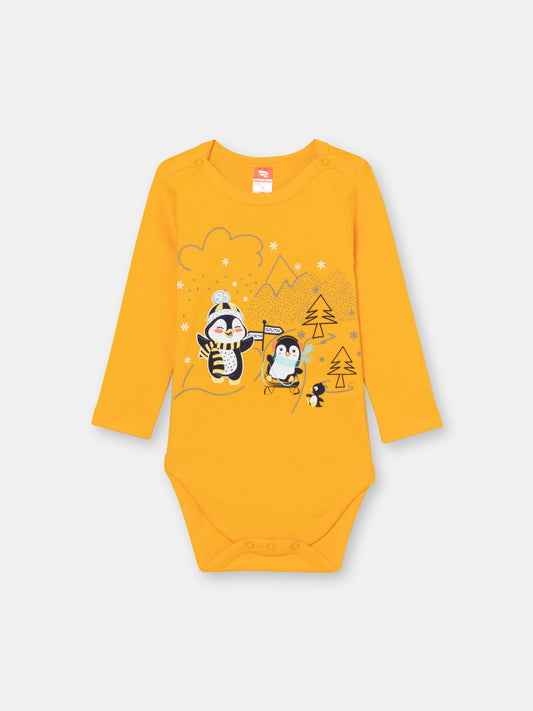 Newborn Baby Boys Orange Bodysuit with Penguin Friends Print