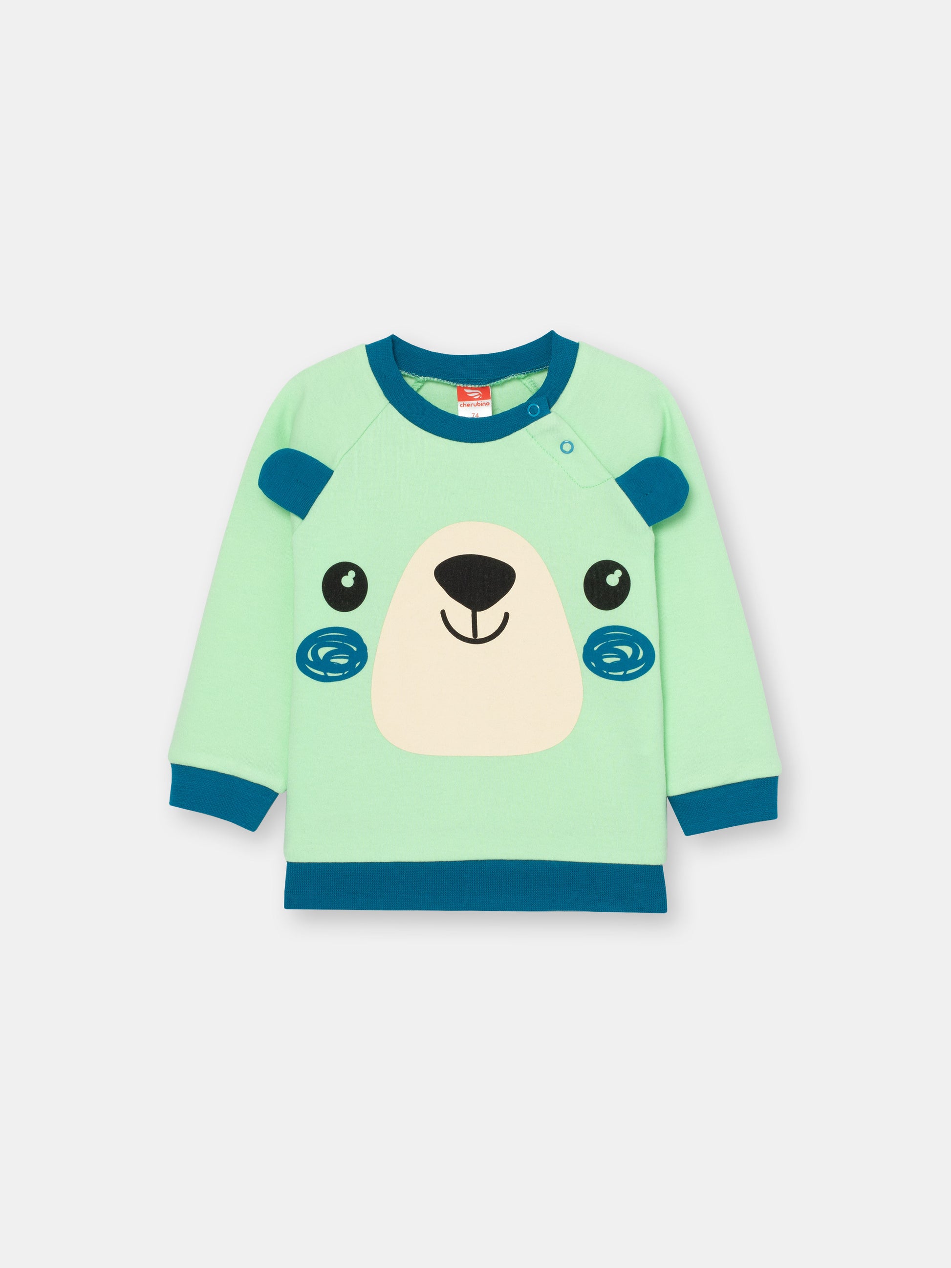 CWNB 62832-37-285 - Cherubino baby boys green sweatshirt with bear face print - front