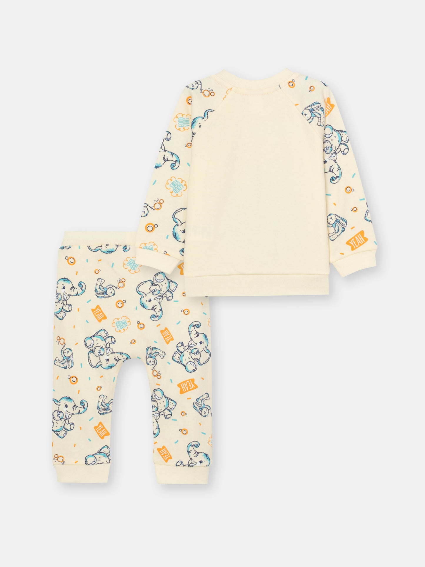 CWNB 90047-21-285 - Cherubino newborn baby boys ecru two-piece set with i love mommy elefunto print - back