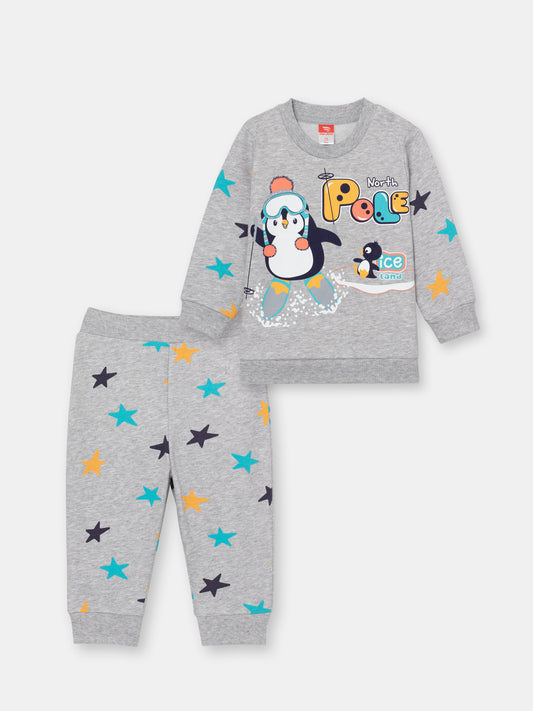 CWNB 90054-11-289 - Cherubino baby boys light grey melange two-piece set with north pole print - front