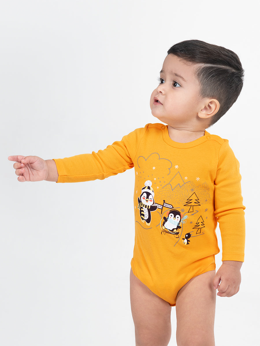 Newborn Baby Boys Orange Bodysuit with Penguin Friends Print