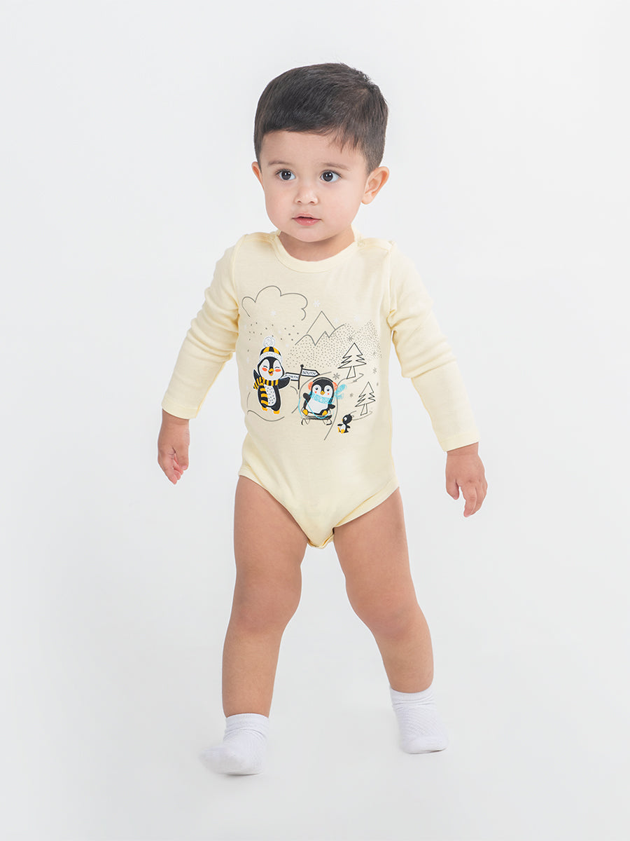 Newborn Baby Boys Ecru Bodysuit with Penguin Friends Print